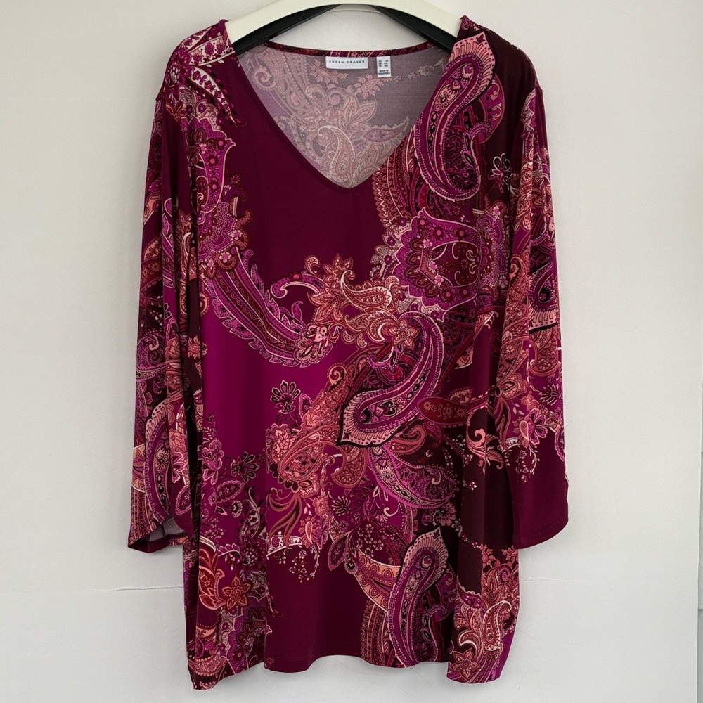 Susan Graver Paisley V-Neck Top Burgundy 3X Tulip Bell Sleeves
